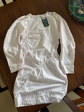 Ganni Pale Pink and White Striped Long Sleeve Dress